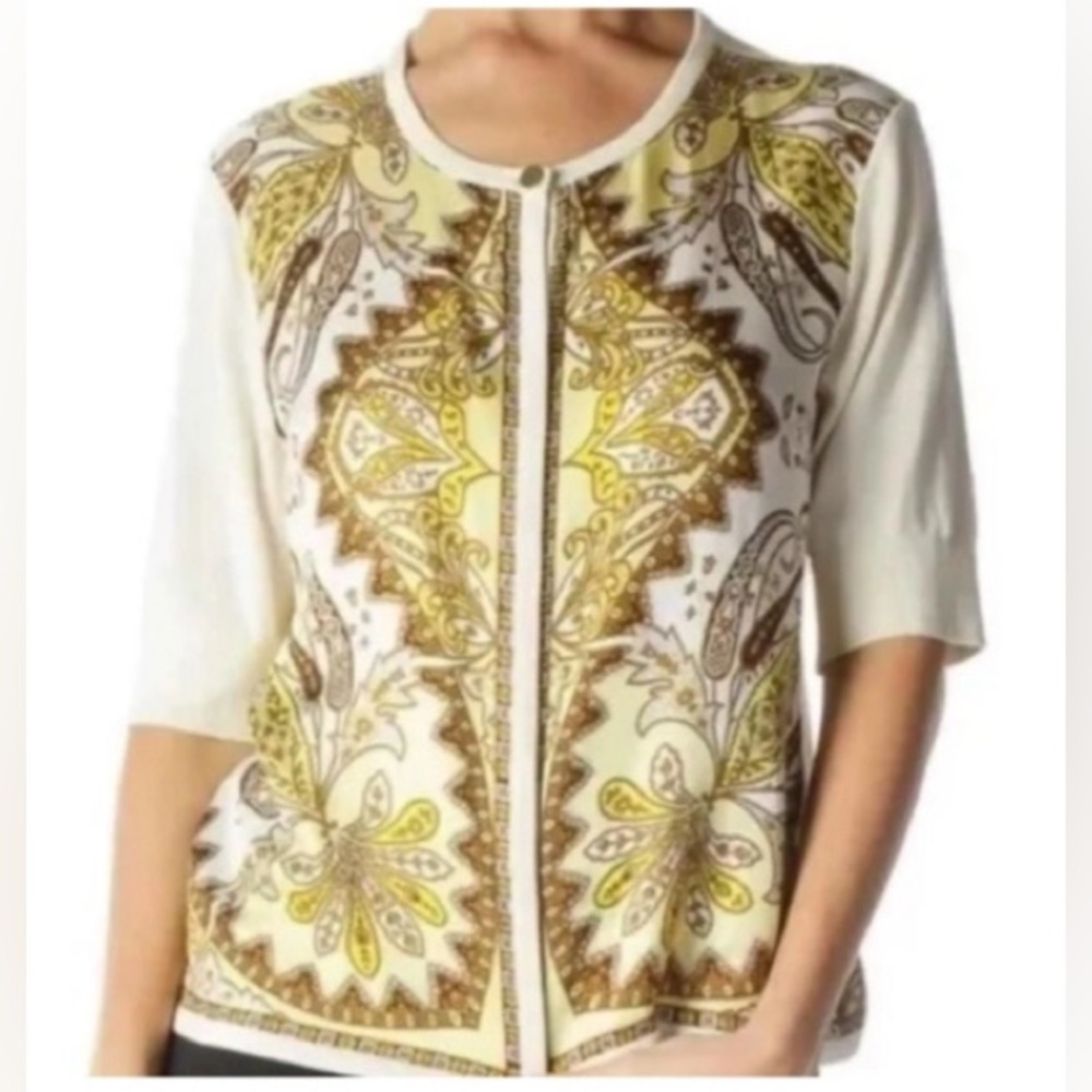 Talbots Yellow Brown Paisley Silk Blend Cardigan Sweater M